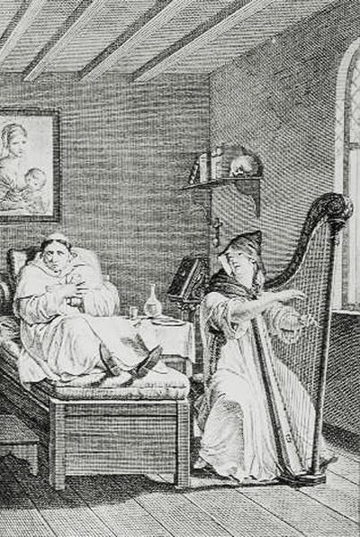 Terwijl ze zong, luisterde Ambrosio met plezier, gegraveerd door LEpine door Louis Lafitte